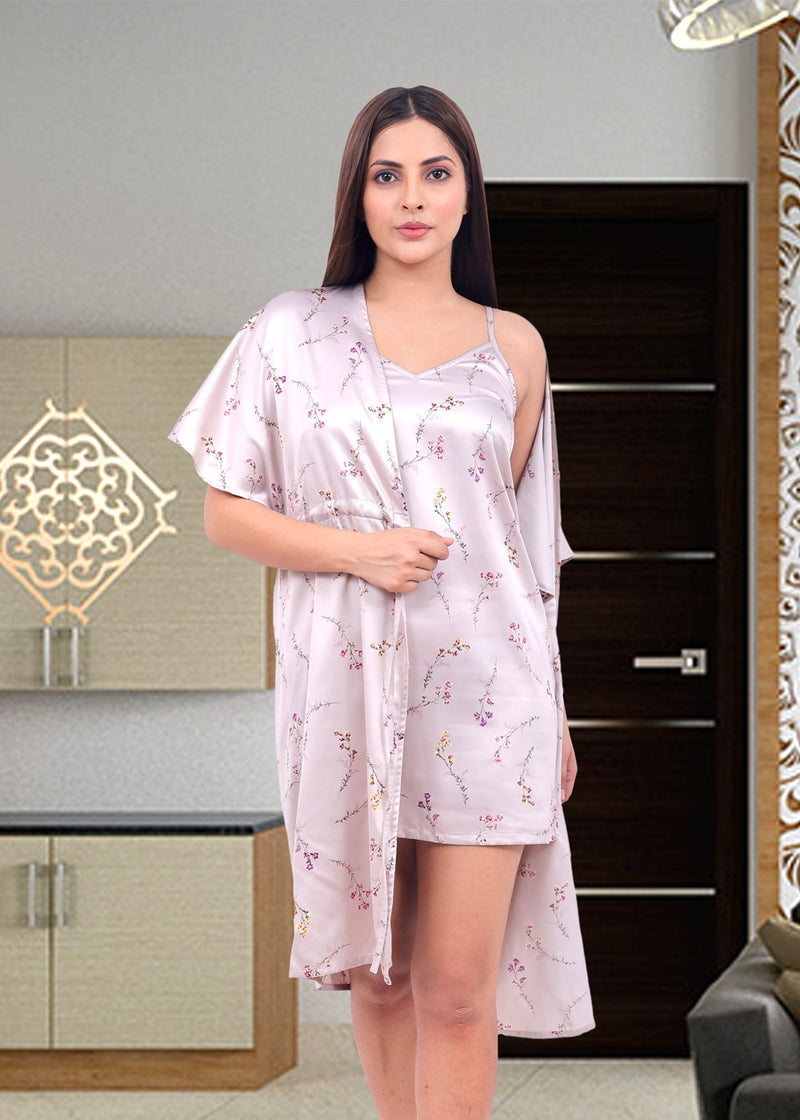 Floral Pink Night Dress With Robe